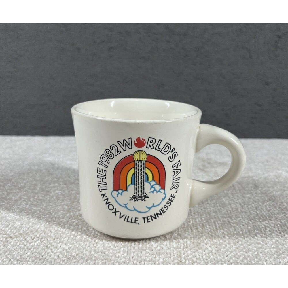 1982 Knoxville Tennessee World's Fair Coffee Mug Rainbow Clouds Sunsphere Cup